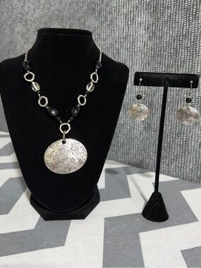 Lia Sophia Silver-Tone Etched Medallion Pendant Necklace and Matching Earrings